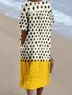 Discount Women's Midi Dress Sundress A Line Dress Linen Vacation Casual Beach linen like Going out Loose Fit Graphic Geometric Short Sleeve V Neck Light Yellow Dark Yellow Yellow Summer Women Vacation Dresses