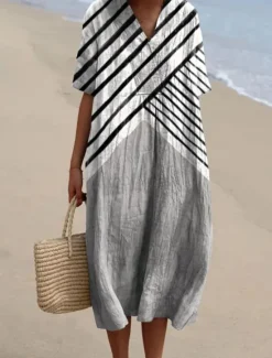 Clearance Women's Midi Dress Sundress A Line Dress Vacation Casual Beach Party Going out Beach Loose Fit Graphic Geometric Short Sleeve V Neck White+Black dark brown Ash Summer Spring Women Vacation Dresses