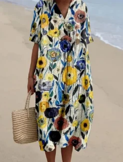 Discount Women's Midi Dress Sundress A Line Dress Linen Vacation Casual Beach Going out Loose Fit Floral Graphic Short Sleeve V Neck Yellow Blue SummerBeach Women Vacation Dresses