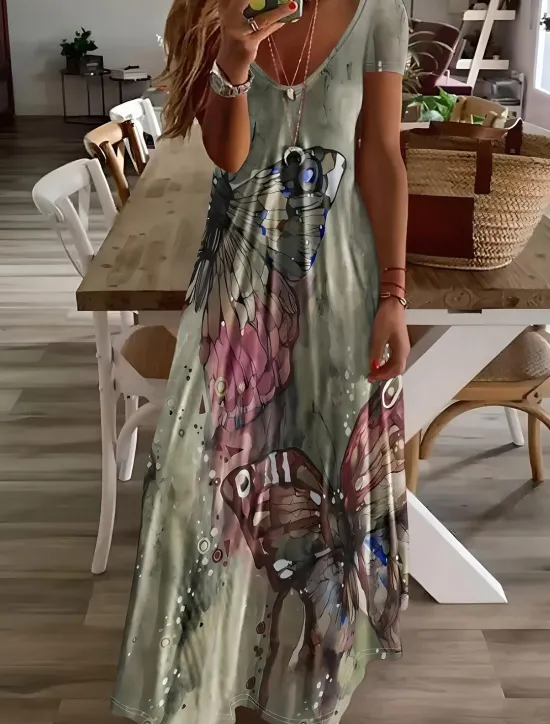 Hot Women's Midi Dress Sundress A Line Dress Vacation Casual Boho Going out Beach Standard Fit Floral Graphic Short Sleeve V Neck Gray Green White Light Green Red Summer Spring Women Vacation Dresses