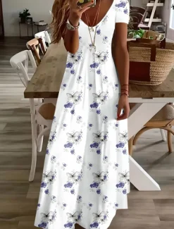 Hot Women's Midi Dress Sundress A Line Dress Vacation Casual Boho Going out Beach Standard Fit Floral Graphic Short Sleeve V Neck Gray Green White Light Green Red Summer Spring Women Vacation Dresses