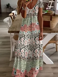 Hot Women's Midi Dress Sundress A Line Dress Vacation Casual Boho Going out Beach Standard Fit Floral Graphic Short Sleeve V Neck Gray Green White Light Green Red Summer Spring Women Vacation Dresses