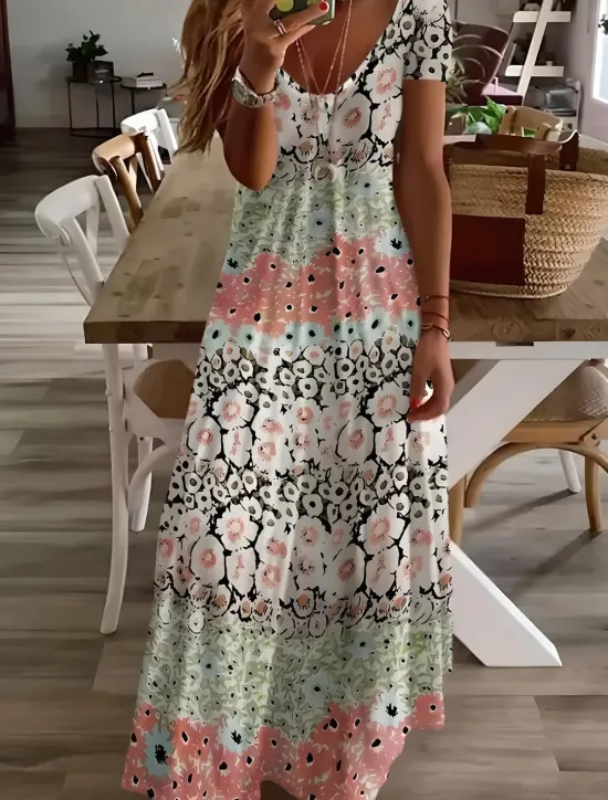 Hot Women's Midi Dress Sundress A Line Dress Vacation Casual Boho Going out Beach Standard Fit Floral Graphic Short Sleeve V Neck Gray Green White Light Green Red Summer Spring Women Vacation Dresses