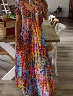 Hot Women's Midi Dress Sundress A Line Dress Vacation Casual Boho Going out Beach Standard Fit Floral Graphic Short Sleeve V Neck Gray Green White Light Green Red Summer Spring Women Vacation Dresses