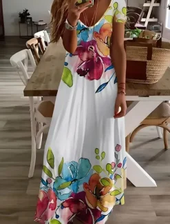 Hot Women's Midi Dress Sundress A Line Dress Vacation Casual Boho Going out Beach Standard Fit Floral Graphic Short Sleeve V Neck Gray Green White Light Green Red Summer Spring Women Vacation Dresses