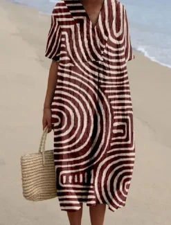 New Women's Midi Dress Sundress A Line Dress Vacation Casual Beach linen like Going out Loose Fit Short Sleeve V Neck claret Orange off-white Dark Gray Women Vacation Dresses|Casual Dress