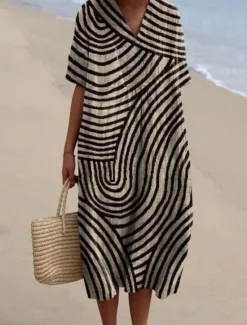 New Women's Midi Dress Sundress A Line Dress Vacation Casual Beach linen like Going out Loose Fit Short Sleeve V Neck claret Orange off-white Dark Gray Women Vacation Dresses|Casual Dress