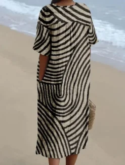 New Women's Midi Dress Sundress A Line Dress Vacation Casual Beach linen like Going out Loose Fit Short Sleeve V Neck claret Orange off-white Dark Gray Women Vacation Dresses|Casual Dress