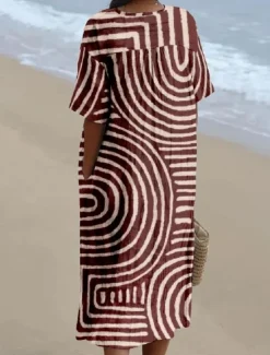 New Women's Midi Dress Sundress A Line Dress Vacation Casual Beach linen like Going out Loose Fit Short Sleeve V Neck claret Orange off-white Dark Gray Women Vacation Dresses|Casual Dress