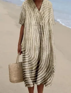 New Women's Midi Dress Sundress A Line Dress Vacation Casual Beach linen like Going out Loose Fit Short Sleeve V Neck claret Orange off-white Dark Gray Women Vacation Dresses|Casual Dress