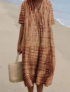 New Women's Midi Dress Sundress A Line Dress Vacation Casual Beach linen like Going out Loose Fit Short Sleeve V Neck claret Orange off-white Dark Gray Women Vacation Dresses|Casual Dress