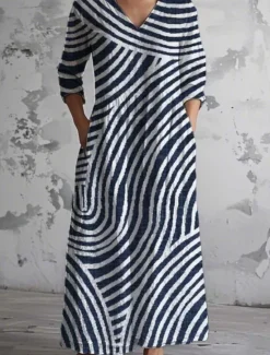 Sale Women's Midi Dress Sundress Pleated Dress Vacation Casual Boho Going out Beach Summer Dress Floral Graphic 3/4 Length Sleeve V Neck Dark Brown Blue Green Summer Spring Women Vacation Dresses|Casual Dress