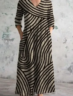Sale Women's Midi Dress Sundress Pleated Dress Vacation Casual Boho Going out Beach Summer Dress Floral Graphic 3/4 Length Sleeve V Neck Dark Brown Blue Green Summer Spring Women Vacation Dresses|Casual Dress