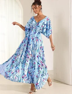 Online Women's Midi Dress Swing Dress A Line Dress Summer Dress Elegant Bohemia Tropical Flutter Sleeve Vacation Daily Date Loose Fit Floral Short Sleeve V Neck Blue Green Summer Women Vacation Dresses|Spring Dresses