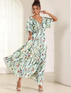 Online Women's Midi Dress Swing Dress A Line Dress Summer Dress Elegant Bohemia Tropical Flutter Sleeve Vacation Daily Date Loose Fit Floral Short Sleeve V Neck Blue Green Summer Women Vacation Dresses|Spring Dresses
