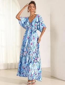 Online Women's Midi Dress Swing Dress A Line Dress Summer Dress Elegant Bohemia Tropical Flutter Sleeve Vacation Daily Date Loose Fit Floral Short Sleeve V Neck Blue Green Summer Women Vacation Dresses|Spring Dresses