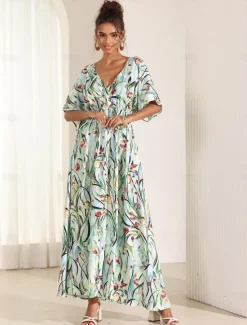 Online Women's Midi Dress Swing Dress A Line Dress Summer Dress Elegant Bohemia Tropical Flutter Sleeve Vacation Daily Date Loose Fit Floral Short Sleeve V Neck Blue Green Summer Women Vacation Dresses|Spring Dresses