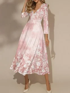 Sale Women's Midi Dress Swing Dress Semi Formal Dress A Line Dress Print Dress Fashion Streetwear Modern Formal Outdoor Vacation Regular Fit Floral 3/4 Length Sleeve V Neck Fall Winter Women Spring Dresses|Cocktail Dress