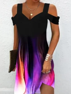 Discount Women's Midi Dress T Shirt Dress Tee Dress Sundress Summer Dress Midi Dress Elegant Semi Formal Vacation Daily Cocktail Party Regular Fit Marble Short Sleeve Sweetheart Dusty Blue Rainbow Summer Women T Shirt Dresses