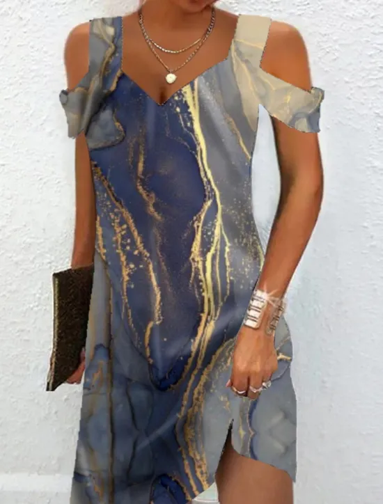 Discount Women's Midi Dress T Shirt Dress Tee Dress Sundress Summer Dress Midi Dress Elegant Semi Formal Vacation Daily Cocktail Party Regular Fit Marble Short Sleeve Sweetheart Dusty Blue Rainbow Summer Women T Shirt Dresses