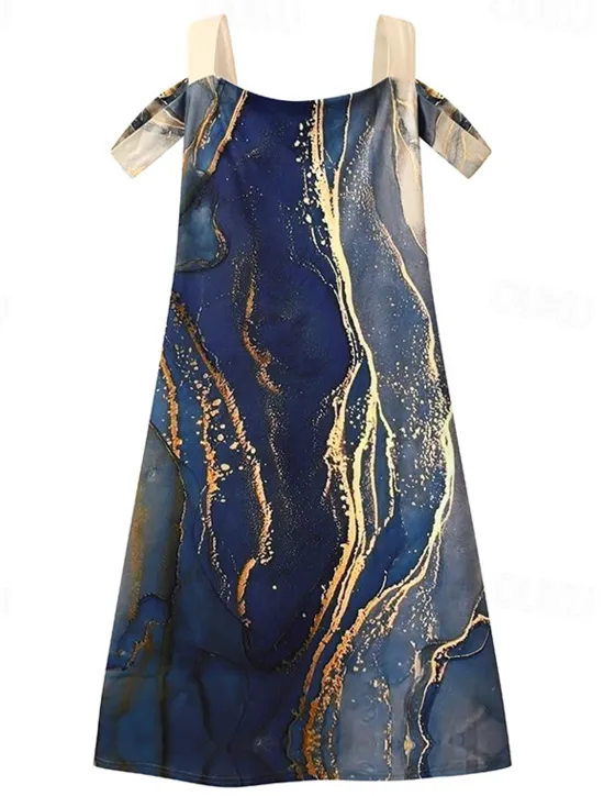 Discount Women's Midi Dress T Shirt Dress Tee Dress Sundress Summer Dress Midi Dress Elegant Semi Formal Vacation Daily Cocktail Party Regular Fit Marble Short Sleeve Sweetheart Dusty Blue Rainbow Summer Women T Shirt Dresses