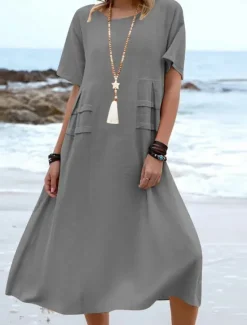 Sale Women's Midi Dress T Shirt Dress Tee Dress Summer Dress Casual Daily Regular Fit Plain Short Sleeve Crew Neck Black Orange Apricot Gray Summer Women Dresses