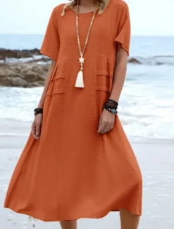 Sale Women's Midi Dress T Shirt Dress Tee Dress Summer Dress Casual Daily Regular Fit Plain Short Sleeve Crew Neck Black Orange Apricot Gray Summer Women Dresses