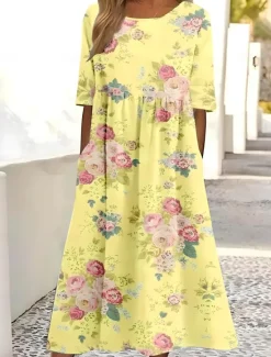 Online Women's Midi Dress T Shirt Dress Tee Dress Vacation Casual Vacation Daily Regular Fit Floral Short Sleeve Crew Neck Yellow Red Purple Green Summer Women T Shirt Dresses