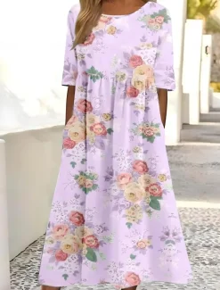 Online Women's Midi Dress T Shirt Dress Tee Dress Vacation Casual Vacation Daily Regular Fit Floral Short Sleeve Crew Neck Yellow Red Purple Green Summer Women T Shirt Dresses