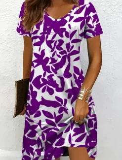 Best Women's Midi Dress T Shirt Dress Tee Dress Sundress A Line Dress Vacation Casual Beach Beach Regular Fit Floral Graphic Leaf Short Sleeve V Neck Black And White Yellow Red Blue Summer Spring Women Vacation Dresses