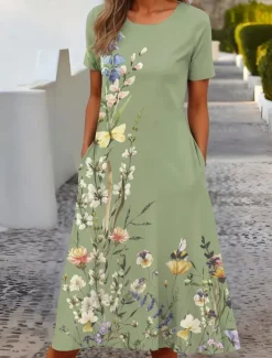 Hot Women's Midi Dress T Shirt Dress Tee Dress Shift Dress Summer Dress Formal Vacation Daily Regular Fit Floral Short Sleeve Crew Neck White Light Green Pink Blue Summer Spring Women T Shirt Dresses