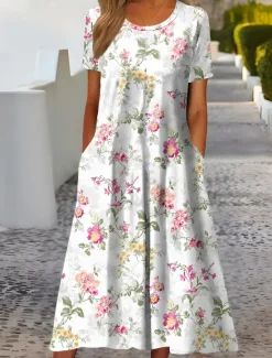 Hot Women's Midi Dress T Shirt Dress Tee Dress Shift Dress Summer Dress Formal Vacation Daily Regular Fit Floral Short Sleeve Crew Neck White Light Green Pink Blue Summer Spring Women T Shirt Dresses