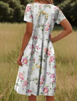 Hot Women's Midi Dress T Shirt Dress Tee Dress Shift Dress Summer Dress Formal Vacation Daily Regular Fit Floral Short Sleeve Crew Neck White Light Green Pink Blue Summer Spring Women T Shirt Dresses