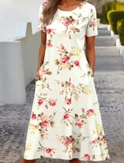 Hot Women's Midi Dress T Shirt Dress Tee Dress Shift Dress Summer Dress Formal Vacation Daily Regular Fit Floral Short Sleeve Crew Neck White Light Green Pink Blue Summer Spring Women T Shirt Dresses