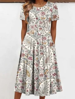 Clearance Women's Midi Dress T Shirt Dress Tee Dress Vacation Casual Daily Regular Fit Floral Graphic Short Sleeve Crew Neck Light Green Pink Green Beige Summer Women Casual Dress