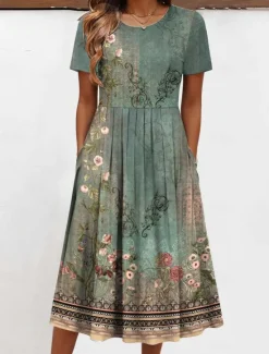 Clearance Women's Midi Dress T Shirt Dress Tee Dress Vacation Casual Daily Regular Fit Floral Graphic Short Sleeve Crew Neck Light Green Pink Green Beige Summer Women Casual Dress