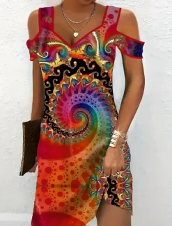 Best Women's Midi Dress T Shirt Dress Tee Dress Sundress Summer Dress Midi Dress Bohemia Sexy Boho Vacation Party Holiday Regular Fit Color Gradient Marble Short Sleeve Sweetheart Summer Spring Women T Shirt Dresses