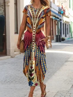 New Women's Midi Dress T Shirt Dress Tee Dress Summer Dress Casual Boho Beach Daily Regular Fit Floral Graphic Tribal Short Sleeve Crew Neck Dark Yellow Red Blue Purple Summer Women Casual Dress