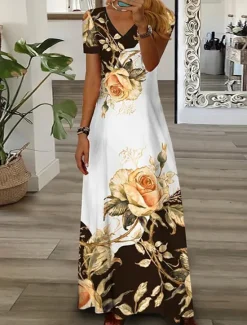 Women's Midi Dress T Shirt Dress Tee Dress Shift Dress Summer Dress Fit And Flare Dress Casual Vacation Daily Regular Fit Floral Graphic Short Sleeve V Neck Yellow Pink Blue Green Summer Women T Shirt Dresses