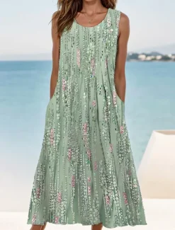 Outlet Women's Midi Dress Tank Dress Floral Graphic Ruched Pocket Crew Neck Daily Vacation Sleeveless Summer Spring Women Spring Dresses|Vacation Dresses