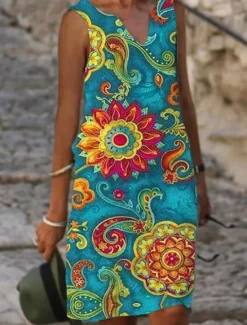 Best Women's Midi Dress Tank Dress Summer Dress Print Dress Fashion Streetwear Basic Outdoor Vacation Street Loose Fit Floral Leaf Short Sleeve V Neck Yellow Blue Green Light Blue Summer Spring Women Floral Dresses