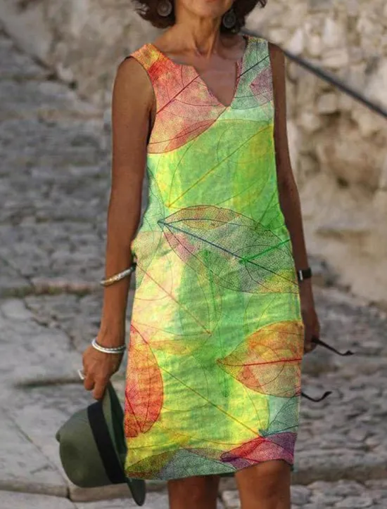 Best Women's Midi Dress Tank Dress Summer Dress Print Dress Fashion Streetwear Basic Outdoor Vacation Street Loose Fit Floral Leaf Short Sleeve V Neck Yellow Blue Green Light Blue Summer Spring Women Floral Dresses