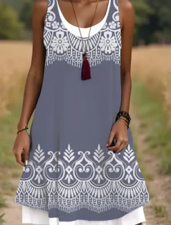 Discount Women's Midi Dress Tank Dress Fashion Classic Outdoor Daily Weekend Regular Fit Graphic Geometric Sleeveless Crew Neck Spring Fall Women Floral Dresses