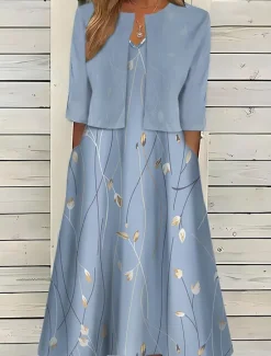 Clearance Women's Midi Dress Two Piece Dress Set Casual Dress Print Dress Outdoor Daily Fashion Elegant Pocket Print Crew Neck Half Sleeve Floral Regular Fit Pink Sky Summer Spring S M L XL XXL Women Spring Dresses
