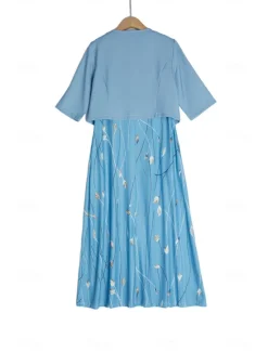 Clearance Women's Midi Dress Two Piece Dress Set Casual Dress Print Dress Outdoor Daily Fashion Elegant Pocket Print Crew Neck Half Sleeve Floral Regular Fit Pink Sky Summer Spring S M L XL XXL Women Spring Dresses