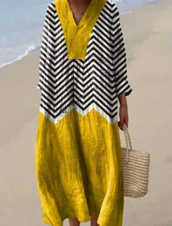 New Women's Midi Dress V Neck Long Sleeve Kaftan Lightweight Loose Fit A Line Dress Casual Boho Going out Graphic Long Sleeve V Neck Yellow Pink Blue Brown Women Vacation Dresses