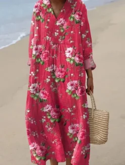 New Women's Midi Dress V Neck Long Sleeve Kaftan Lightweight Loose Fit A Line Dress Casual Boho Party Going out Floral Graphic Long Sleeve V Neck Gray Green Dark Pink off-white Pink / White Women Vacation Dresses