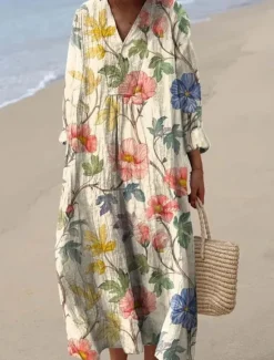 New Women's Midi Dress V Neck Long Sleeve Kaftan Lightweight Loose Fit A Line Dress Casual Boho Party Going out Floral Graphic Long Sleeve V Neck Gray Green Dark Pink off-white Pink / White Women Vacation Dresses