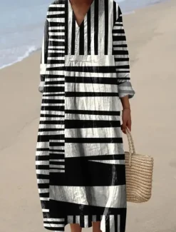 New Women's Midi Dress V Neck Long Sleeve Kaftan Lightweight Loose Fit A Line Dress Casual Boho Going out Graphic Geometric Stripe Long Sleeve V Neck Orange red Black Yellow Pink Women Vacation Dresses