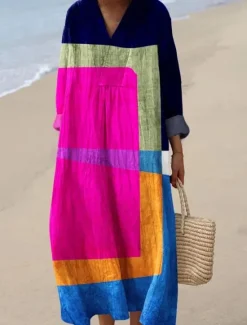 New Women's Midi Dress V Neck Long Sleeve Kaftan Lightweight Loose Fit A Line Dress Casual Boho Going out Graphic Geometric Stripe Long Sleeve V Neck Orange red Black Yellow Pink Women Vacation Dresses